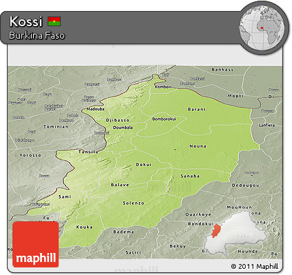 Physical Panoramic Map of Kossi, semi-desaturated