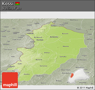Physical Panoramic Map of Kossi, semi-desaturated