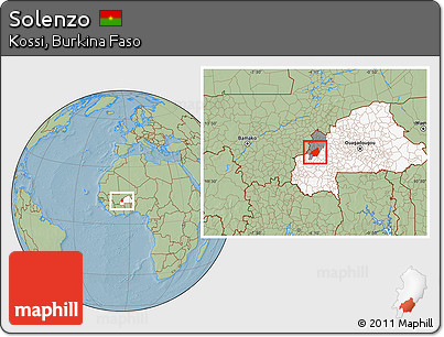 Savanna Style Location Map of Solenzo, highlighted country, highlighted parent region, hill shading