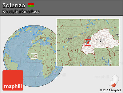 Savanna Style Location Map of Solenzo, highlighted country, highlighted parent region, hill shading