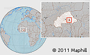 Gray Location Map of Koupela, highlighted country, highlighted parent region, within the entire country, hill shading