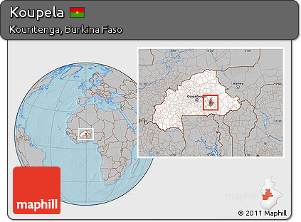 Gray Location Map of Koupela, highlighted country, highlighted parent region, hill shading