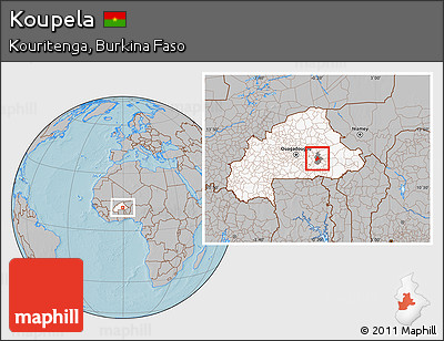 Gray Location Map of Koupela, highlighted country, highlighted parent region, hill shading