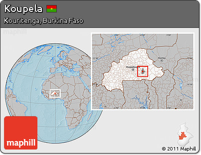 Gray Location Map of Koupela, highlighted country, highlighted parent region, hill shading