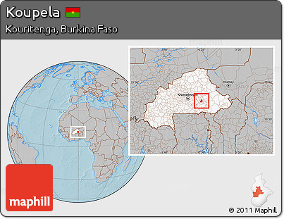 Gray Location Map of Koupela, highlighted country, hill shading