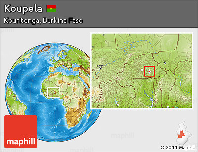 Physical Location Map of Koupela, highlighted parent region, within the entire country