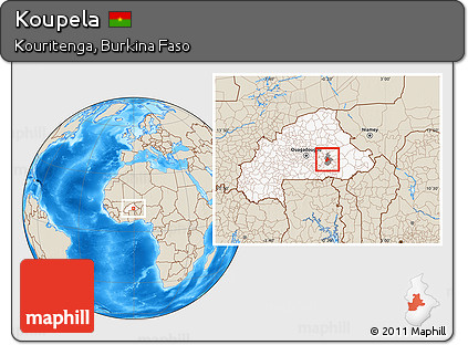 Shaded Relief Location Map of Koupela, highlighted country, highlighted parent region
