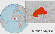 Gray Location Map of Burkina Faso, hill shading