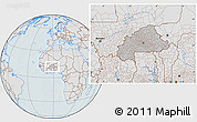 Gray Location Map of Burkina Faso, lighten, hill shading