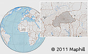 Gray Location Map of Burkina Faso, lighten, land only, hill shading