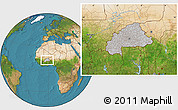 Gray Location Map of Burkina Faso, satellite outside, hill shading