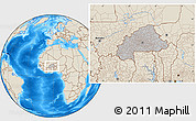 Gray Location Map of Burkina Faso, shaded relief outside, hill shading