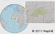 Savanna Style Location Map of Burkina Faso, gray outside, hill shading