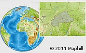 Savanna Style Location Map of Burkina Faso, physical outside, hill shading