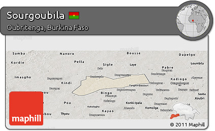 Shaded Relief Panoramic Map of Sourgoubila, semi-desaturated