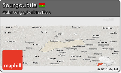 Shaded Relief Panoramic Map of Sourgoubila, semi-desaturated