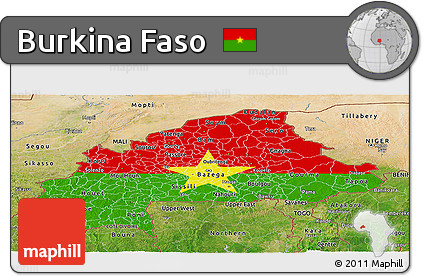 Flag Panoramic Map of Burkina Faso, satellite outside, bathymetry sea, flag centered