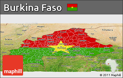 Flag Panoramic Map of Burkina Faso, satellite outside, bathymetry sea, flag centered