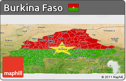 Flag Panoramic Map of Burkina Faso, satellite outside, bathymetry sea, flag centered