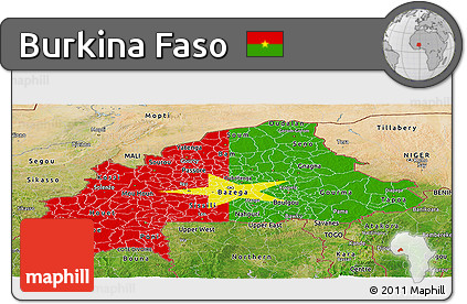 Flag Panoramic Map of Burkina Faso, satellite outside, bathymetry sea, flag rotated
