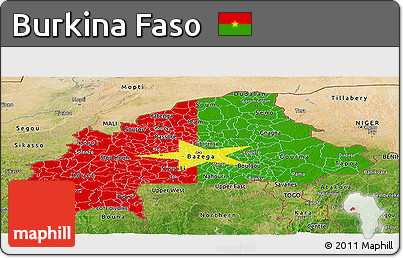Flag Panoramic Map of Burkina Faso, satellite outside, bathymetry sea, flag rotated