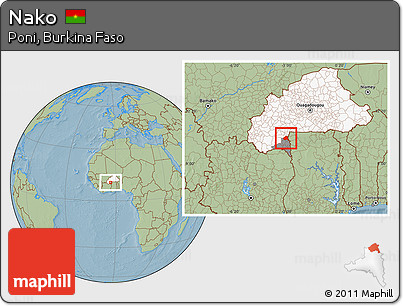 Savanna Style Location Map of Nako, highlighted country, highlighted parent region, hill shading