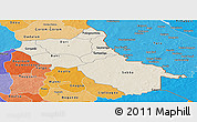 Shaded Relief Panoramic Map of Seno, political shades outside