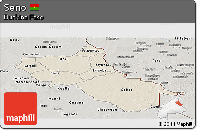 Shaded Relief Panoramic Map of Seno, semi-desaturated