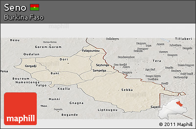 Shaded Relief Panoramic Map of Seno, semi-desaturated