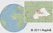 Savanna Style Location Map of Tougan, highlighted country, hill shading
