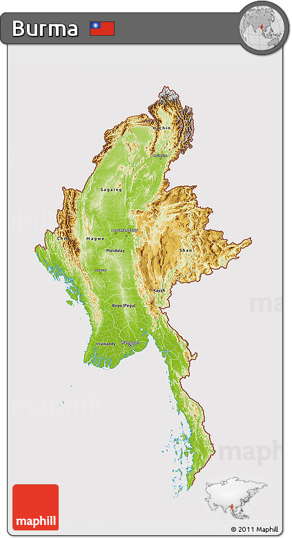 Physical 3D Map of Burma, cropped outside