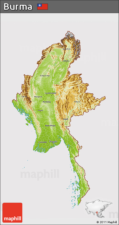 Physical 3D Map of Burma, cropped outside