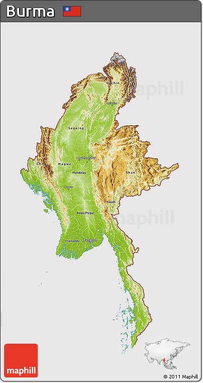 Physical 3D Map of Burma, cropped outside