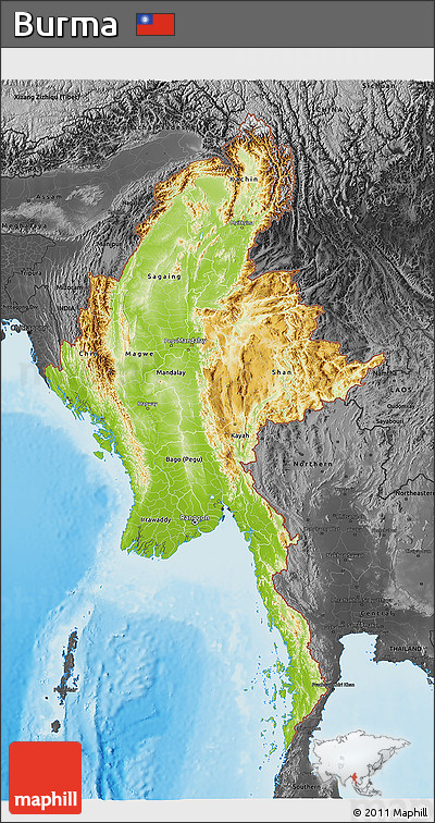 Physical 3D Map of Burma, darken, desaturated, land only