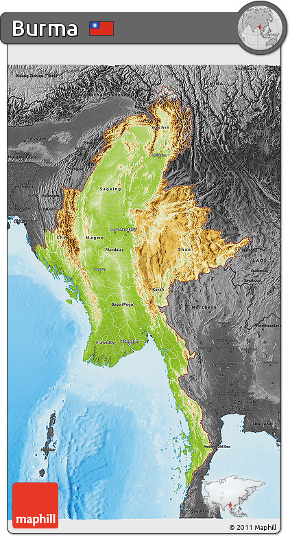 Physical 3D Map of Burma, darken, desaturated, land only