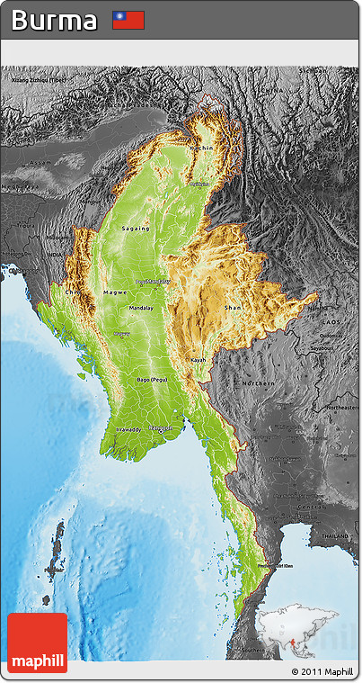 Physical 3D Map of Burma, darken, desaturated, land only