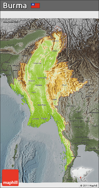 Physical 3D Map of Burma, darken, semi-desaturated