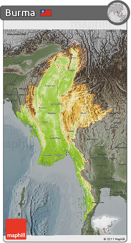 Physical 3D Map of Burma, darken, semi-desaturated