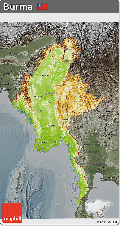 Physical 3D Map of Burma, darken, semi-desaturated