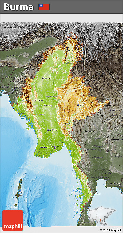Physical 3D Map of Burma, darken, semi-desaturated, land only