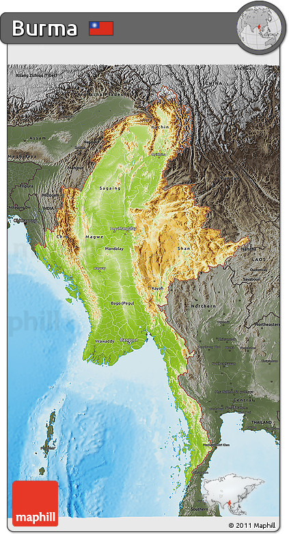 Physical 3D Map of Burma, darken, semi-desaturated, land only