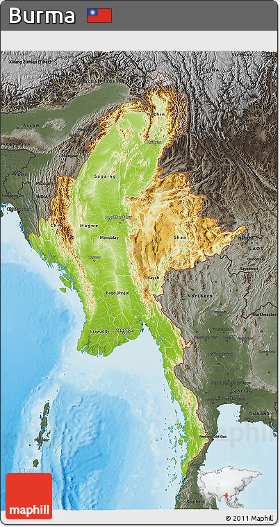 Physical 3D Map of Burma, darken, semi-desaturated, land only
