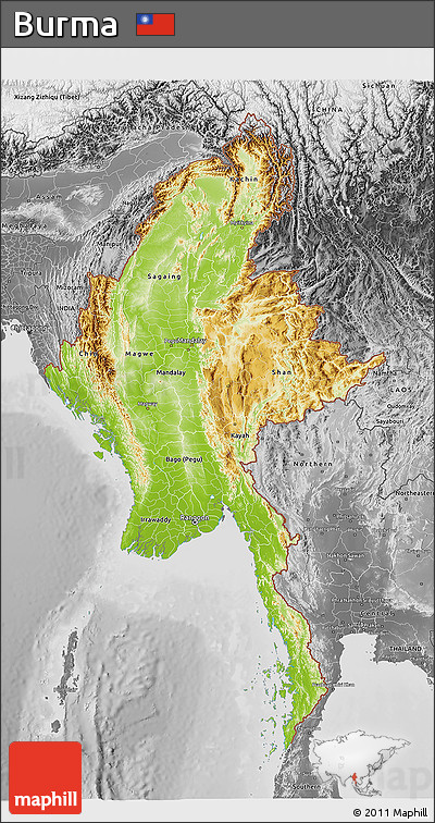 Physical 3D Map of Burma, desaturated