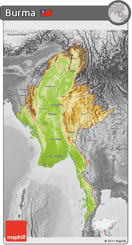 Physical 3D Map of Burma, desaturated