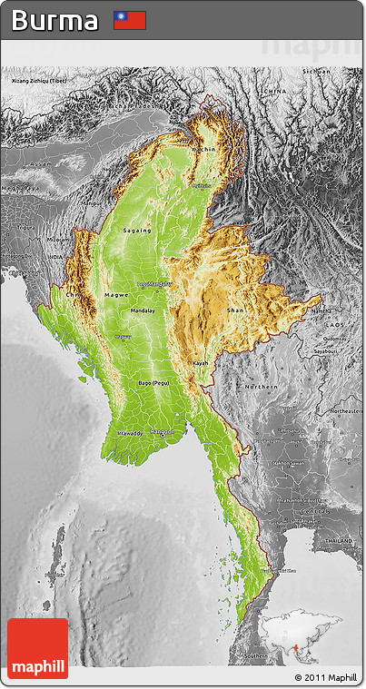 Physical 3D Map of Burma, desaturated