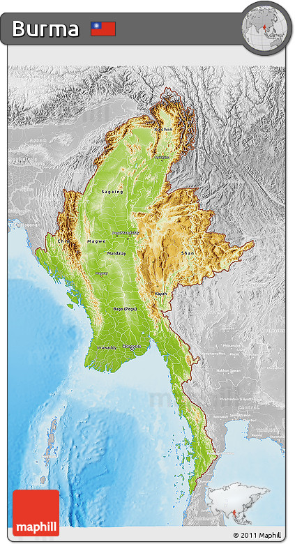 Physical 3D Map of Burma, lighten, desaturated, land only