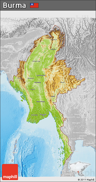 Physical 3D Map of Burma, lighten, desaturated, land only