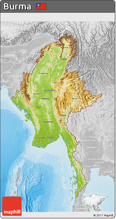 Physical 3D Map of Burma, lighten, desaturated, land only