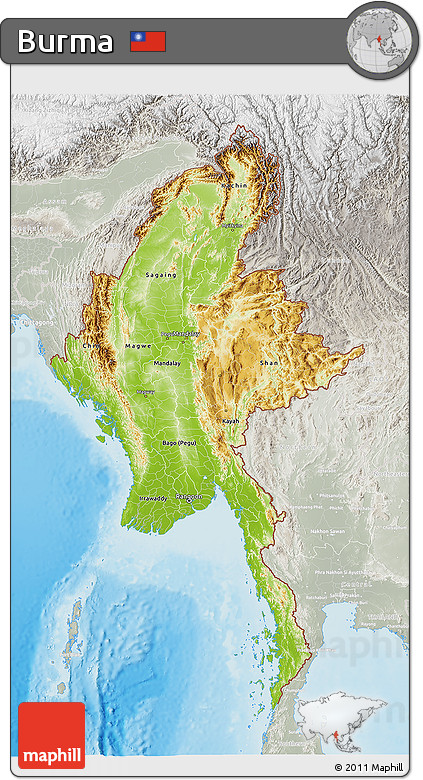 Physical 3D Map of Burma, lighten, semi-desaturated, land only