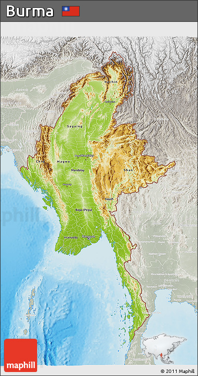 Physical 3D Map of Burma, lighten, semi-desaturated, land only